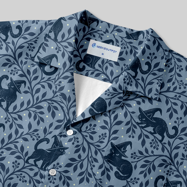 Woodland Witch Blackcat Fantasy Button Up Pocket Shirt