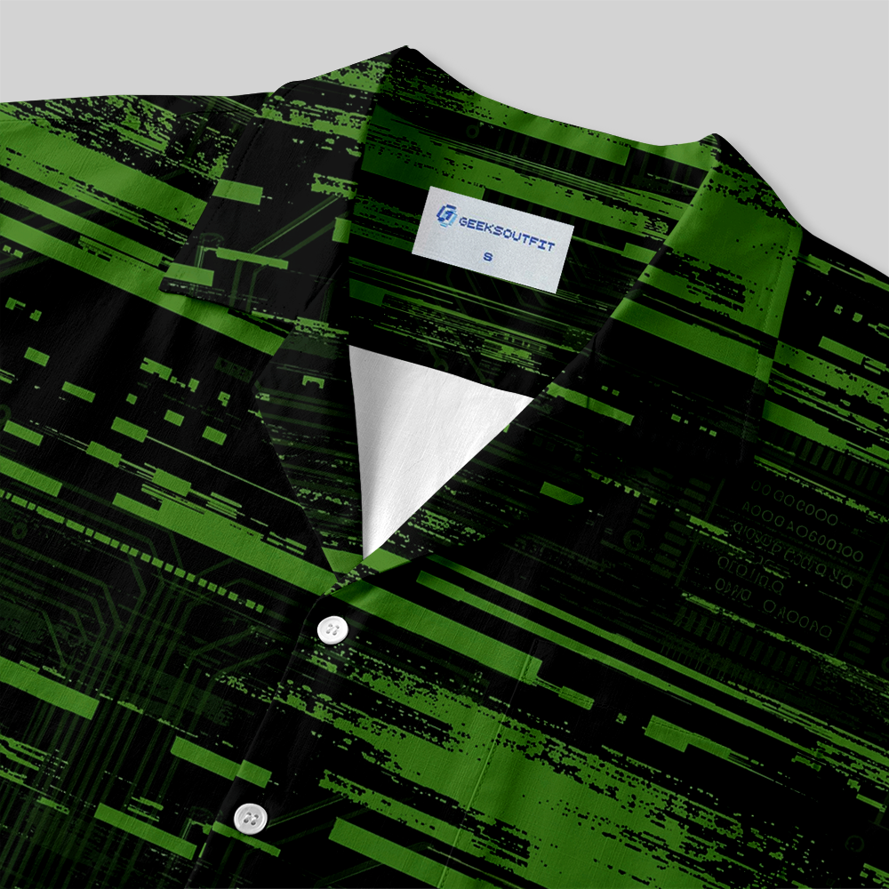 Cyber Glitch Circuit Data Stream Pattern Button Up Pocket Shirt