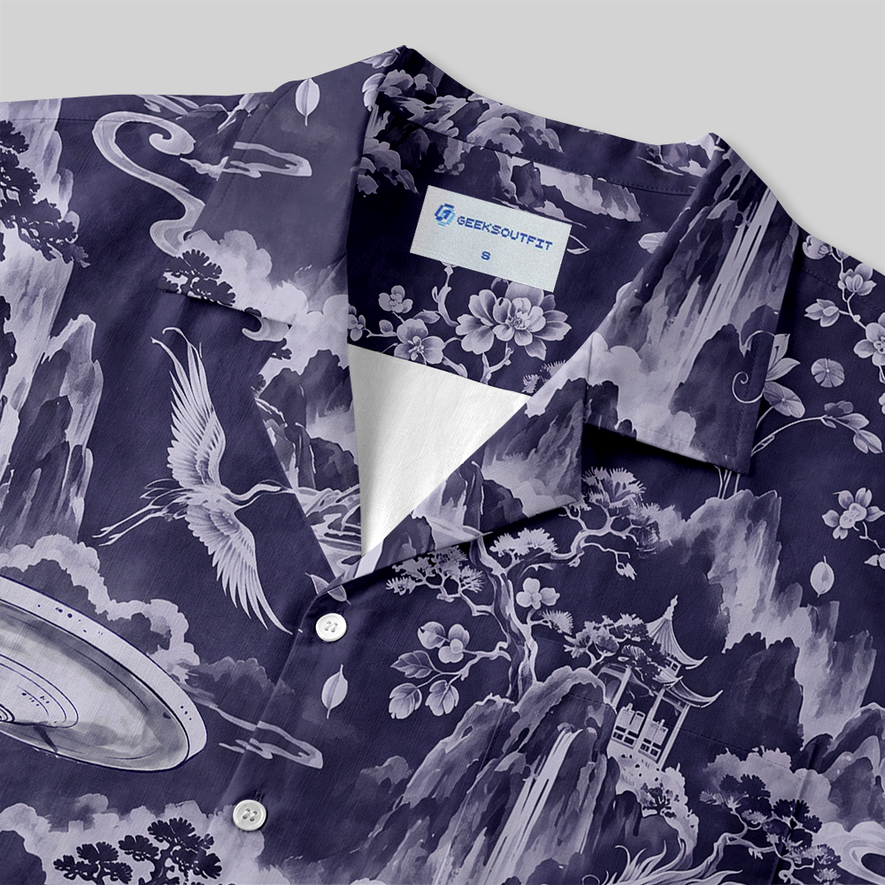 Oriental Mountain Retro Spaceship Fusion Button Up Pocket Shirt
