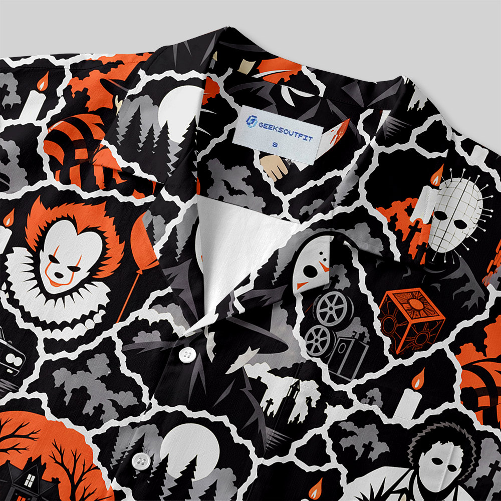 Spooky Halloween Horror Sticker Collage Seamless Button Up Pocket Shirt