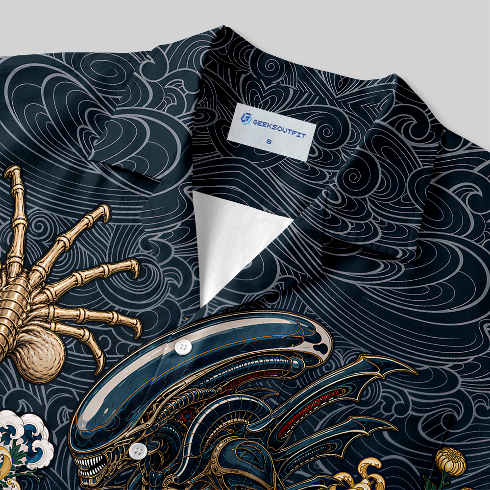 Japanese Wave Alien Beast Chrysanthemum Button Up Pocket Shirt