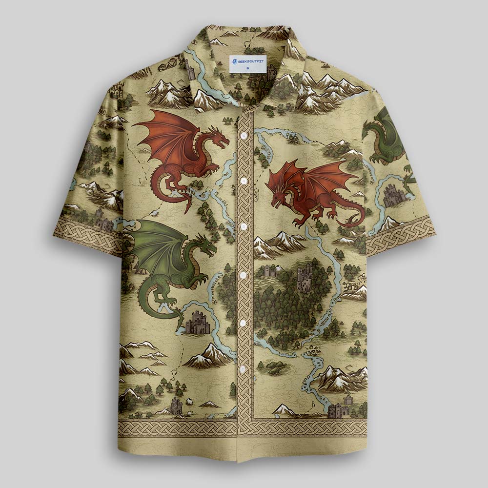Retro SciFi Dragon Map Button Up Pocket Shirt