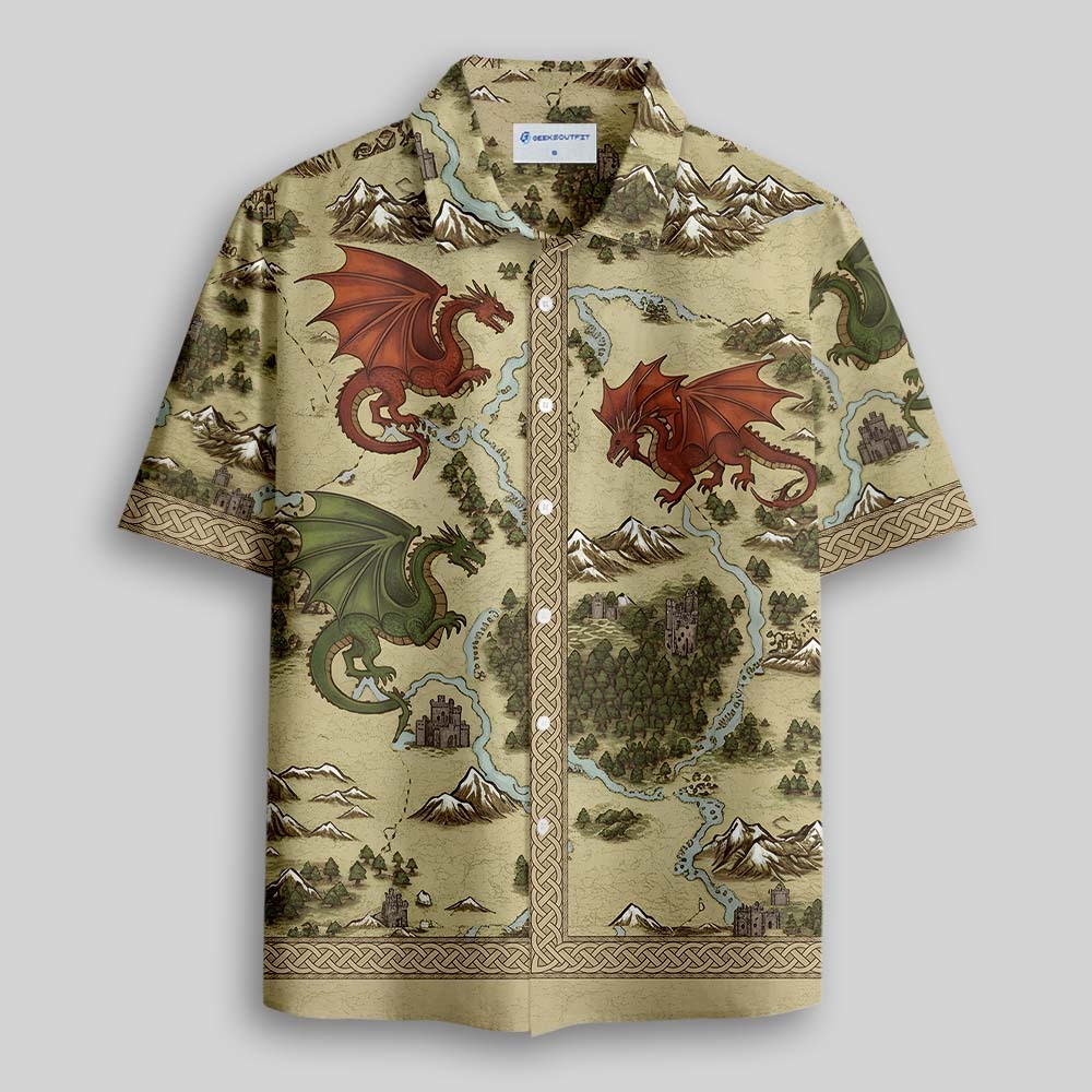 Geeksoutfit Retro SciFi Dragon Map Button Up Pocket Shirt for Sale