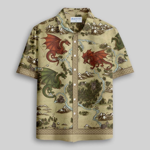 Retro SciFi Dragon Map Button Up Pocket Shirt