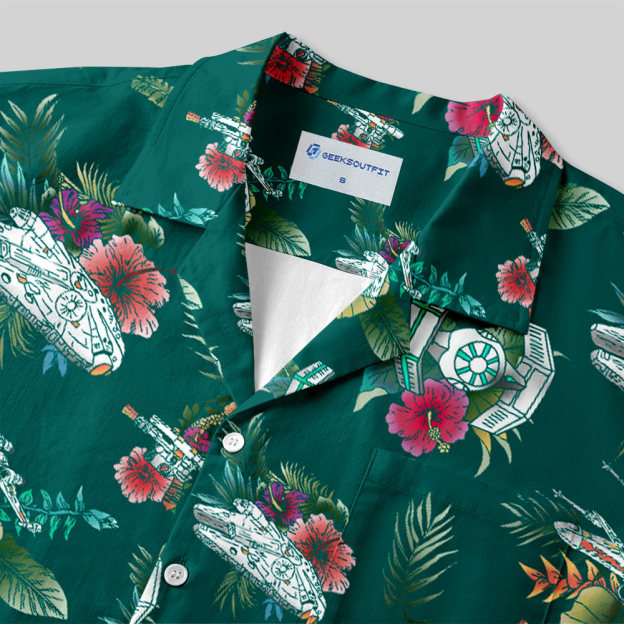 Space Fighter Tropical Flowers Button Up Pocket Shirt