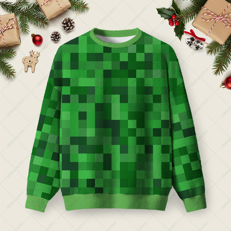 Geeksoutfit Creeper Full Ugly Christmas Fuzzy Fleece Sweatshirt for Sale