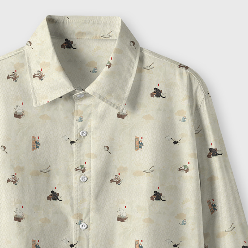Ukiyo-e Office Cats Geek Long-Sleeved Shirt