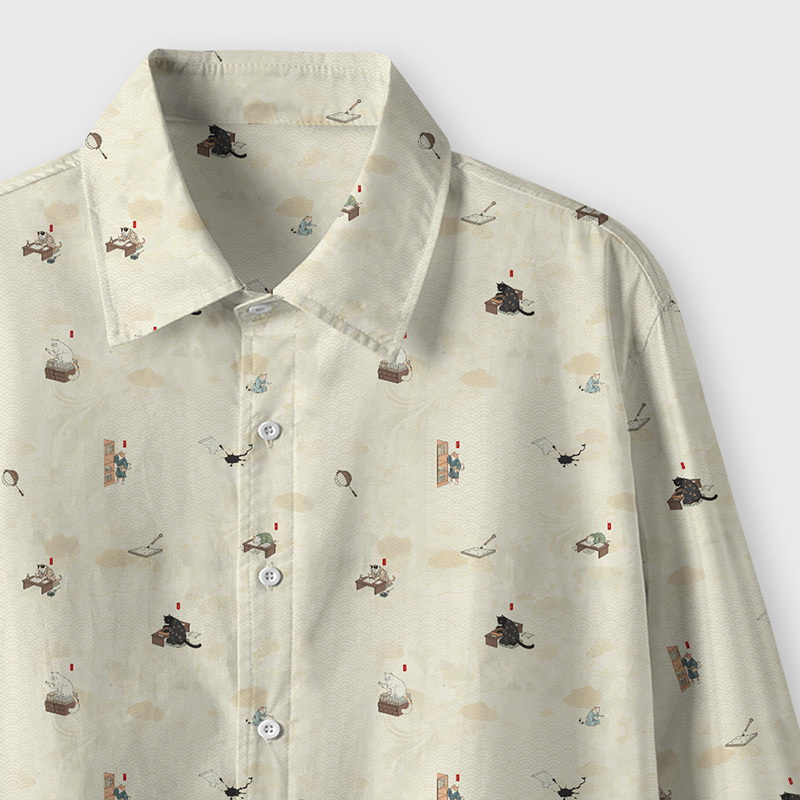 Ukiyo-e Office Cats Geek Long-Sleeved Shirt