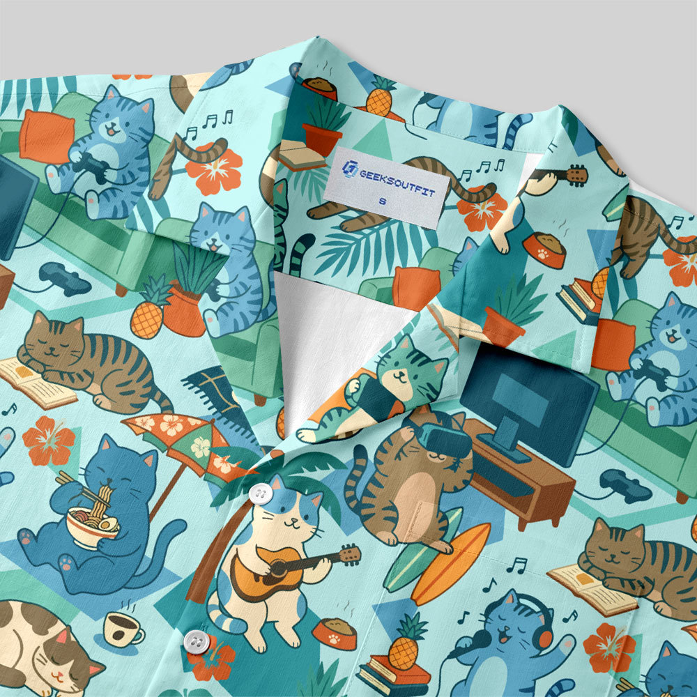 Homebody Paradise Whimsical Cat Button Up Pocket Shirt