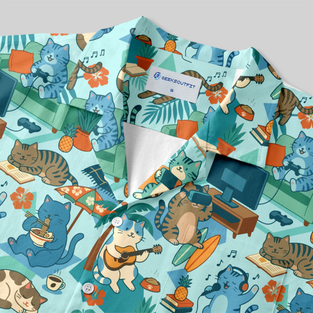 Homebody Paradise Whimsical Cat Button Up Pocket Shirt
