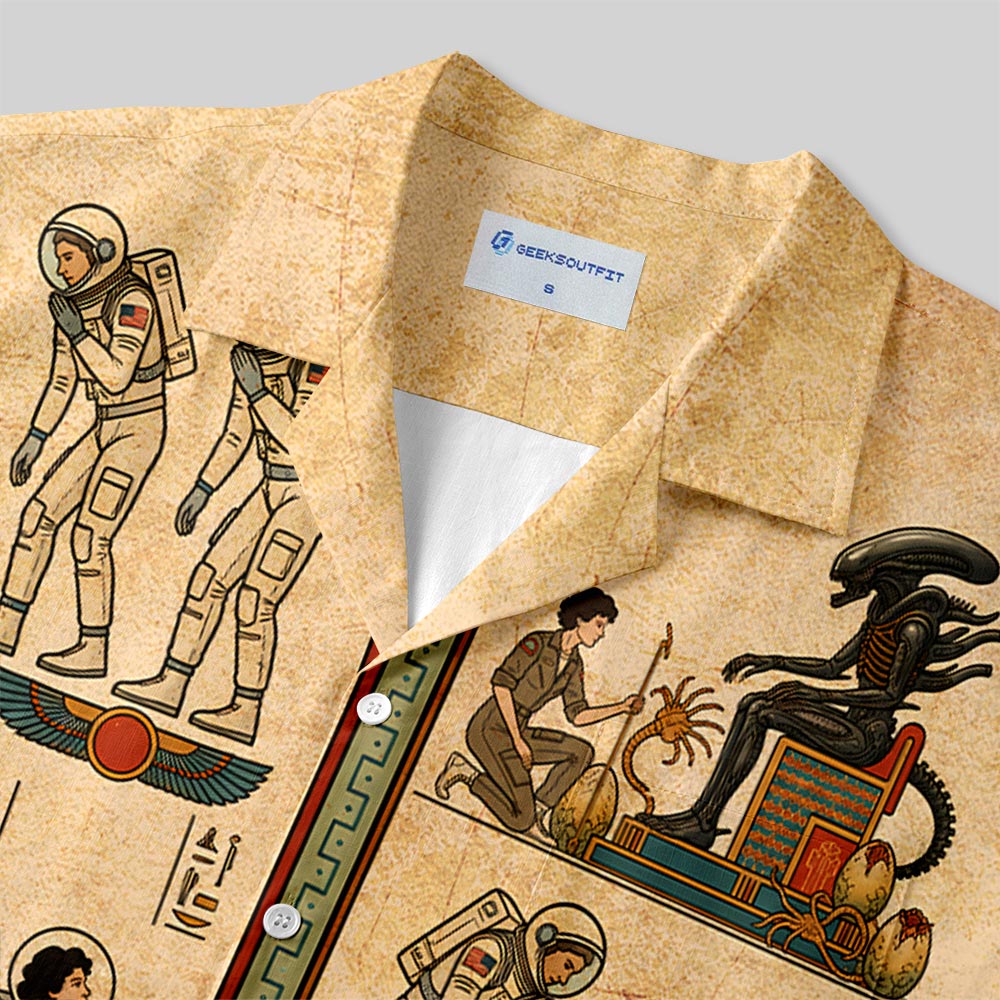 Alien Ancient Egyptian Hieroglyphic Art Button Up Pocket Shirt
