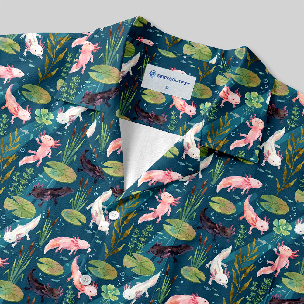 Deep Water Lily & Axolotl Botanical Button Up Pocket Shirt