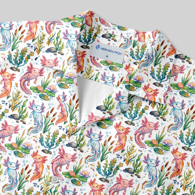 Bright White Axolotl Pond Life Button Up Pocket Shirt