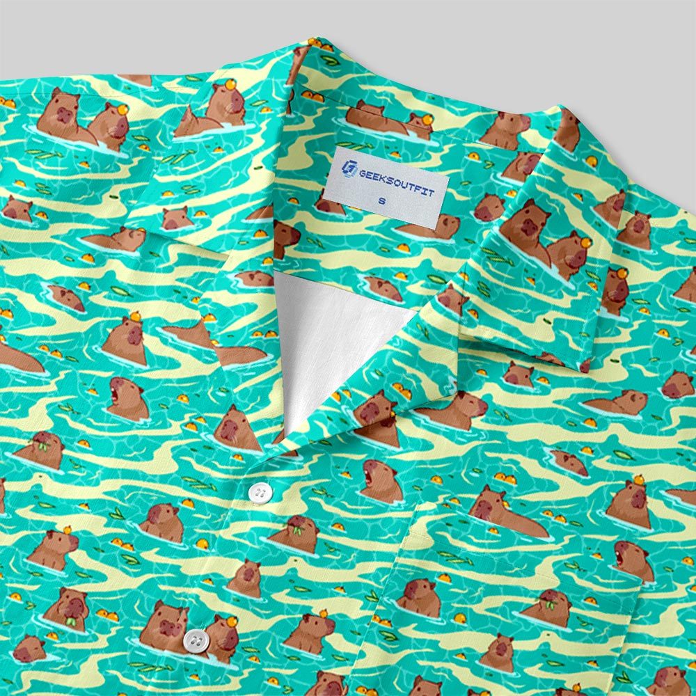 Capybara Swimming Hawaii Button Up Pocket Shirt