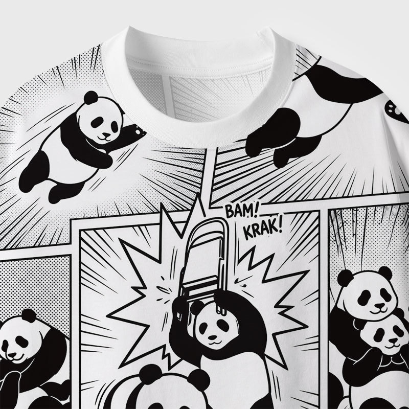 Black White Bear Wrestling Fight Geek Eco Oversized Graphic Tees