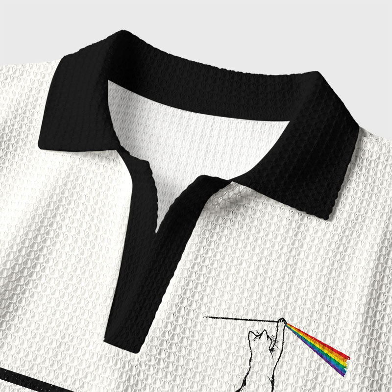 Minimal Cat Drawing Creates Colorful Rainbow Band Geek Crochet Polo Shirt
