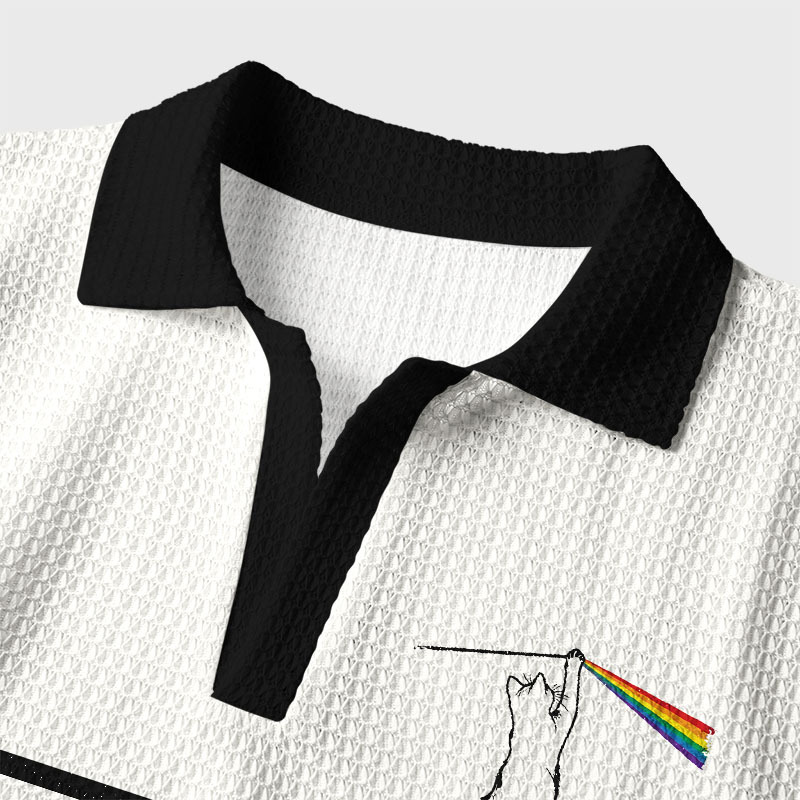 Minimal Cat Drawing Creates Colorful Rainbow Band Geek Crochet Polo Shirt
