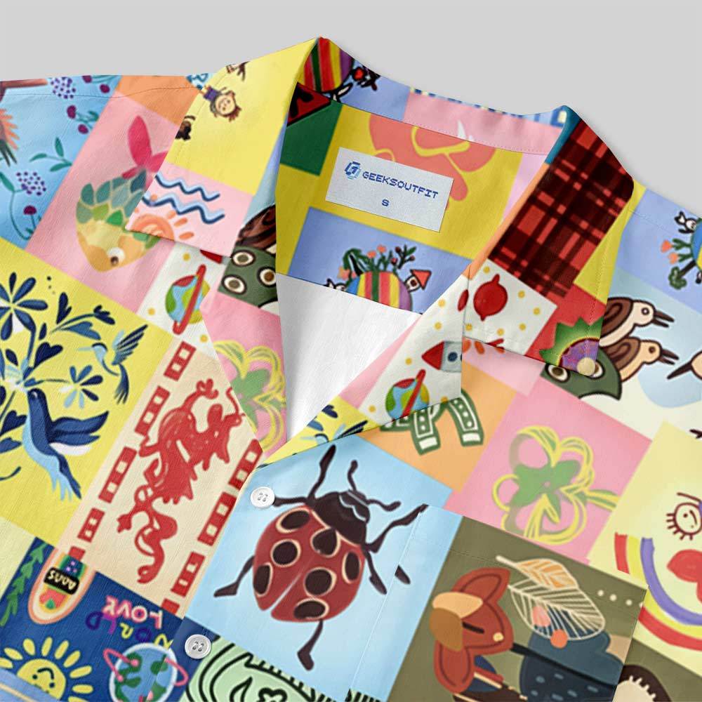 Global Folk Lucky Patchwork Collage Button Up Pocket Shirt