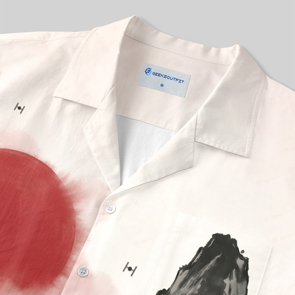 Red Sun Ink Wash Mechanical Robot Button Up Pocket Shirt