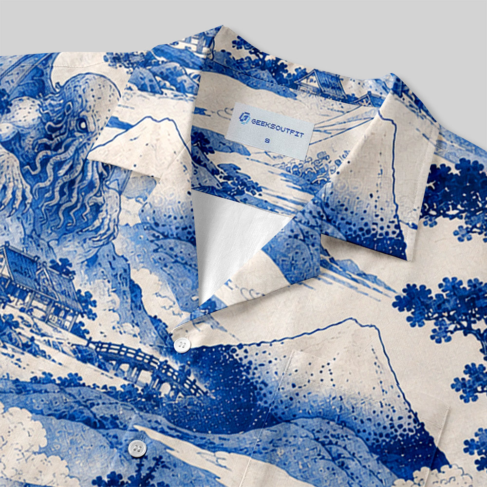 Cthulhu Ukiyo Wave Button Up Pocket Shirt