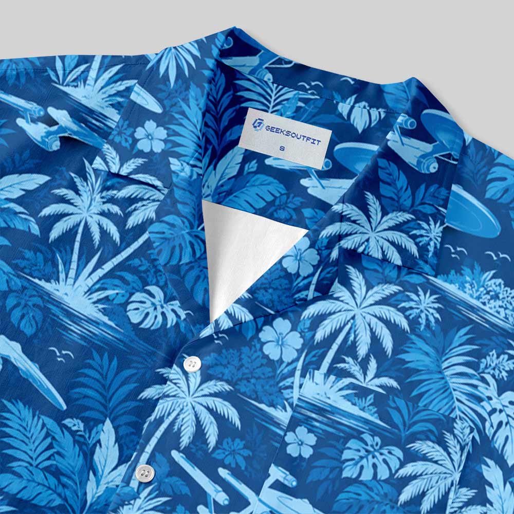Vintage Blue Tropical Palm Tree Button Up Pocket Shirt