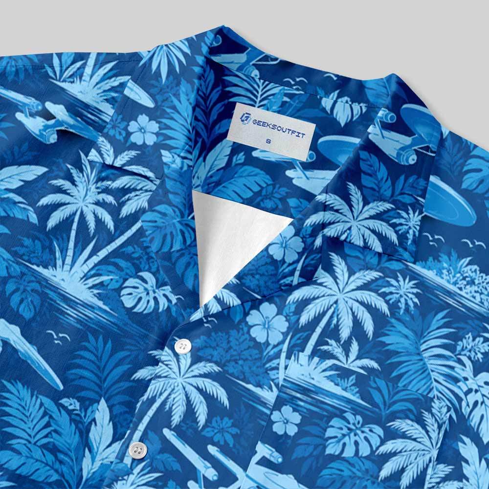 Vintage Blue Tropical Palm Tree Button Up Pocket Shirt