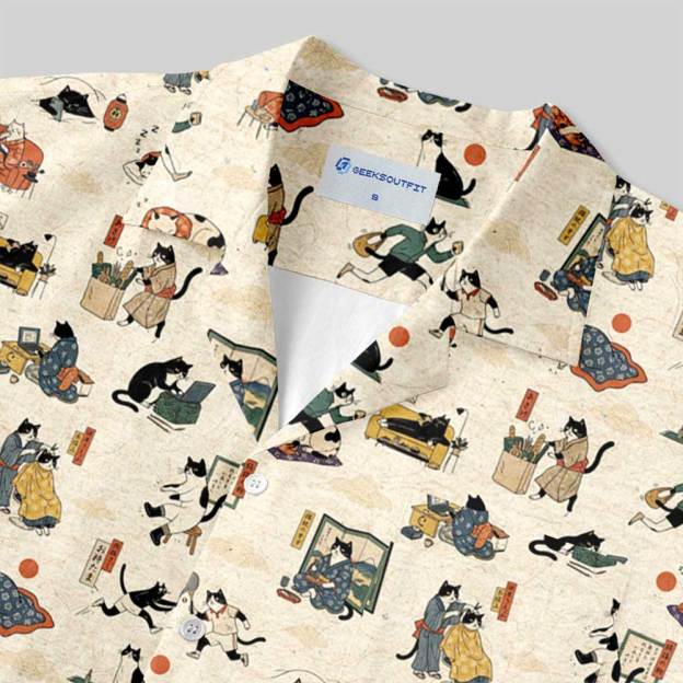 Edo Cat Daily Life Button Up Pocket Shirt