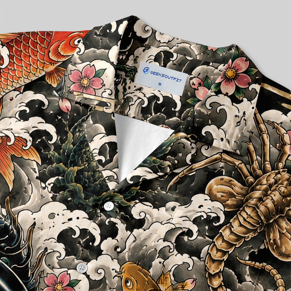 Vintage Ukiyo-e Style Sci-Fi Parasite Larva Sakura Button Up Pocket Shirt
