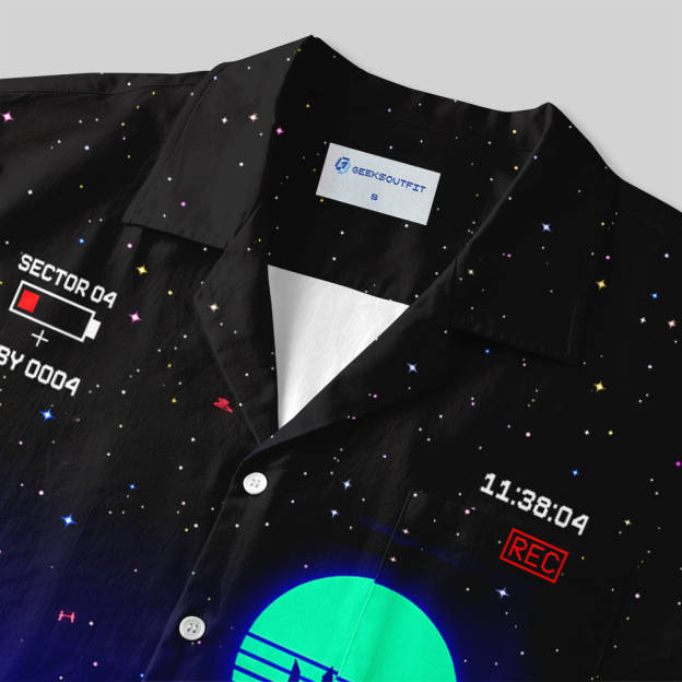 80s Synthwave Galactic Battle Shirt Neon Sunset Fighter Jet Button Up Pocket Shirt