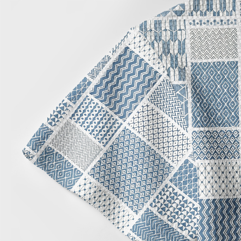 Coastal Indigo Patchwork Mixed Geometry Geek Waffle Knit Crochet Shirt