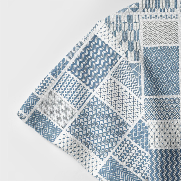 Coastal Indigo Patchwork Mixed Geometry Geek Waffle Knit Crochet Shirt