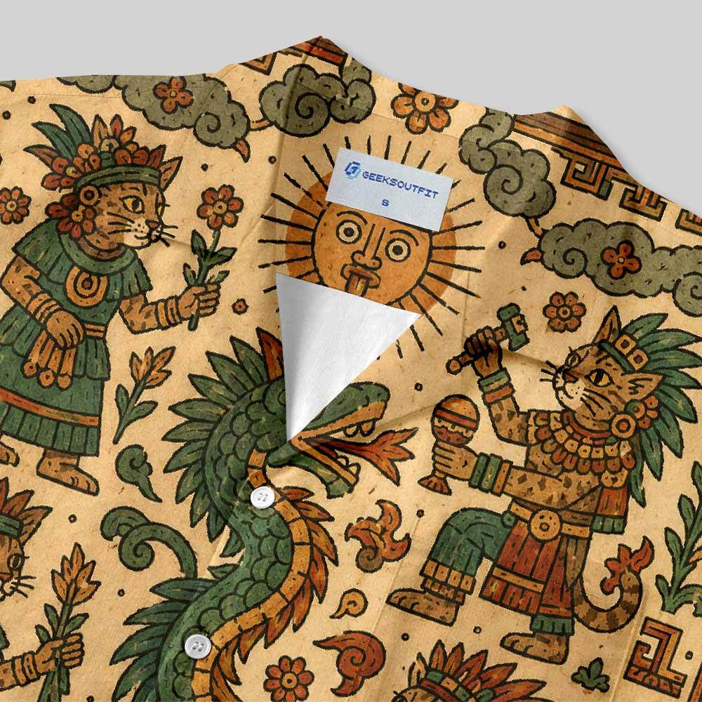 Feathered Serpent Cat Codex Button Up Pocket Shirt