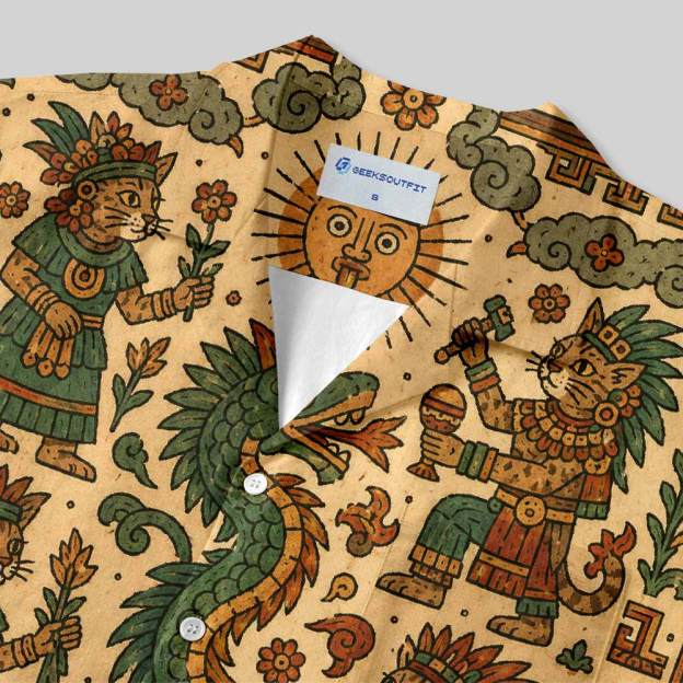 Feathered Serpent Cat Codex Button Up Pocket Shirt