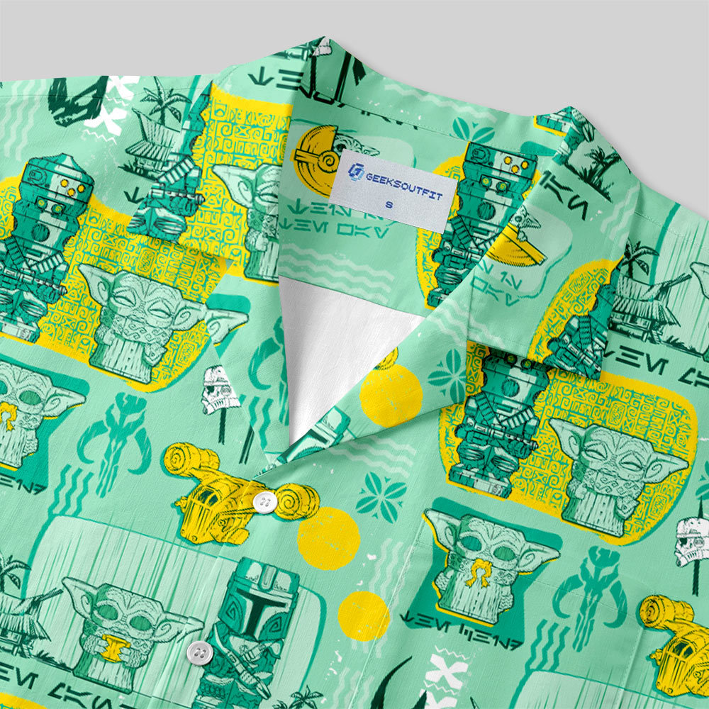 Hawaiian Traditional Tiki Green Button Up Pocket Shirt