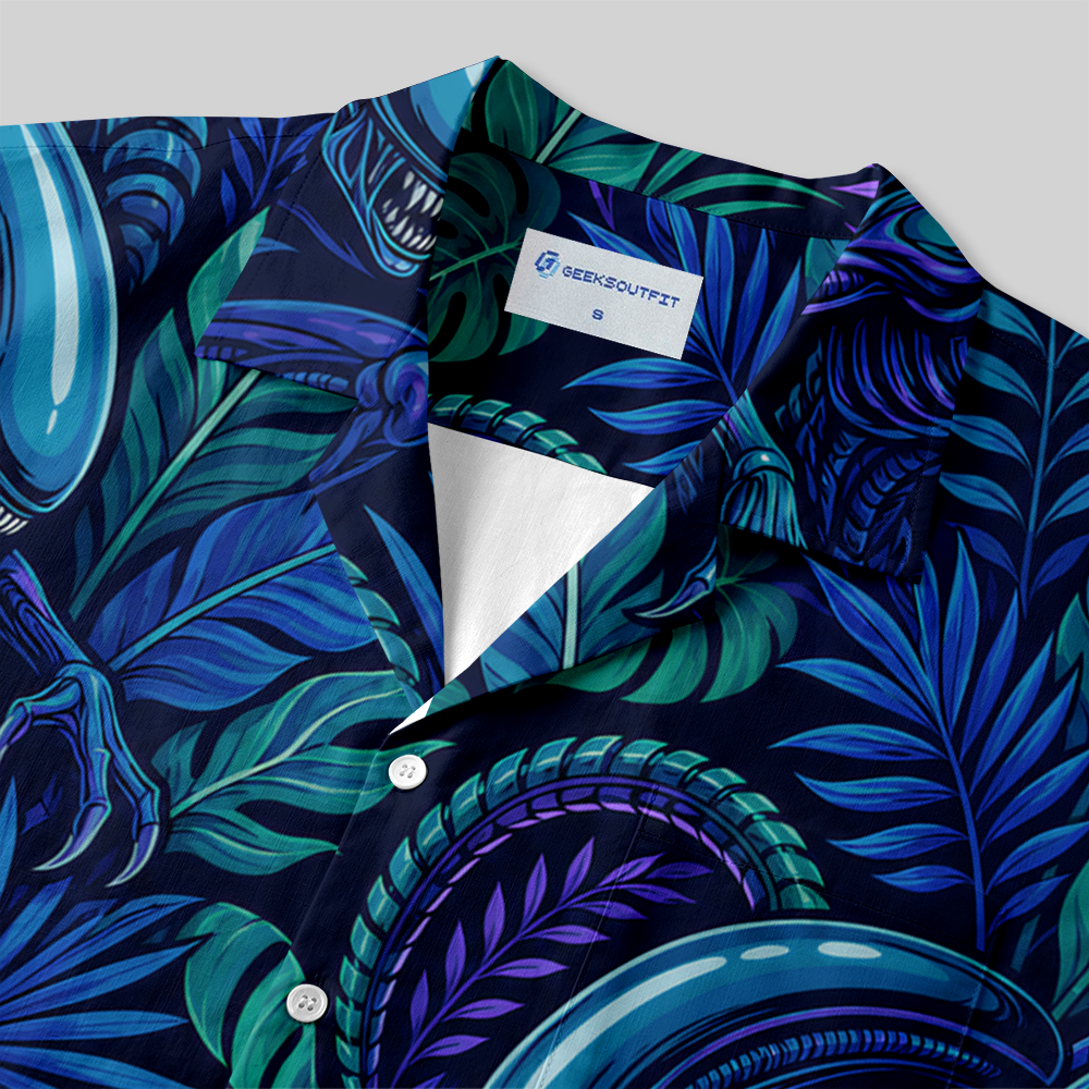Retro Sci-Fi Void Predator Tropical Button Up Pocket Shirt