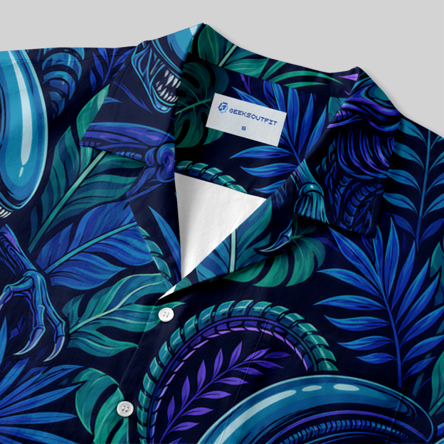 Retro Sci-Fi Void Predator Tropical Button Up Pocket Shirt