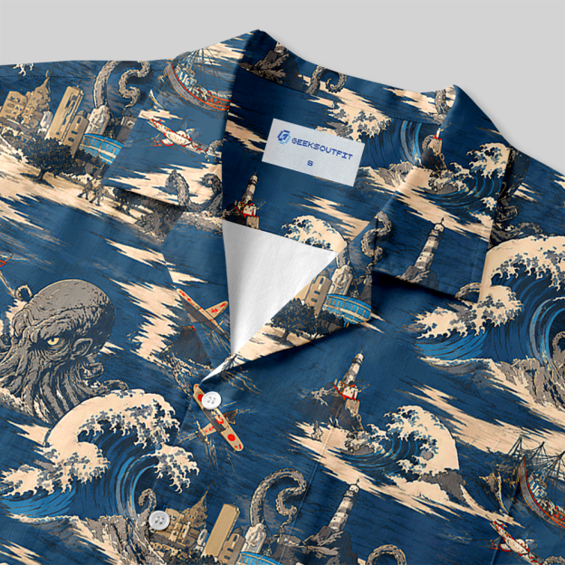 Cosmic Tentacle Beast Vintage Coastal Button Up Pocket Shirt