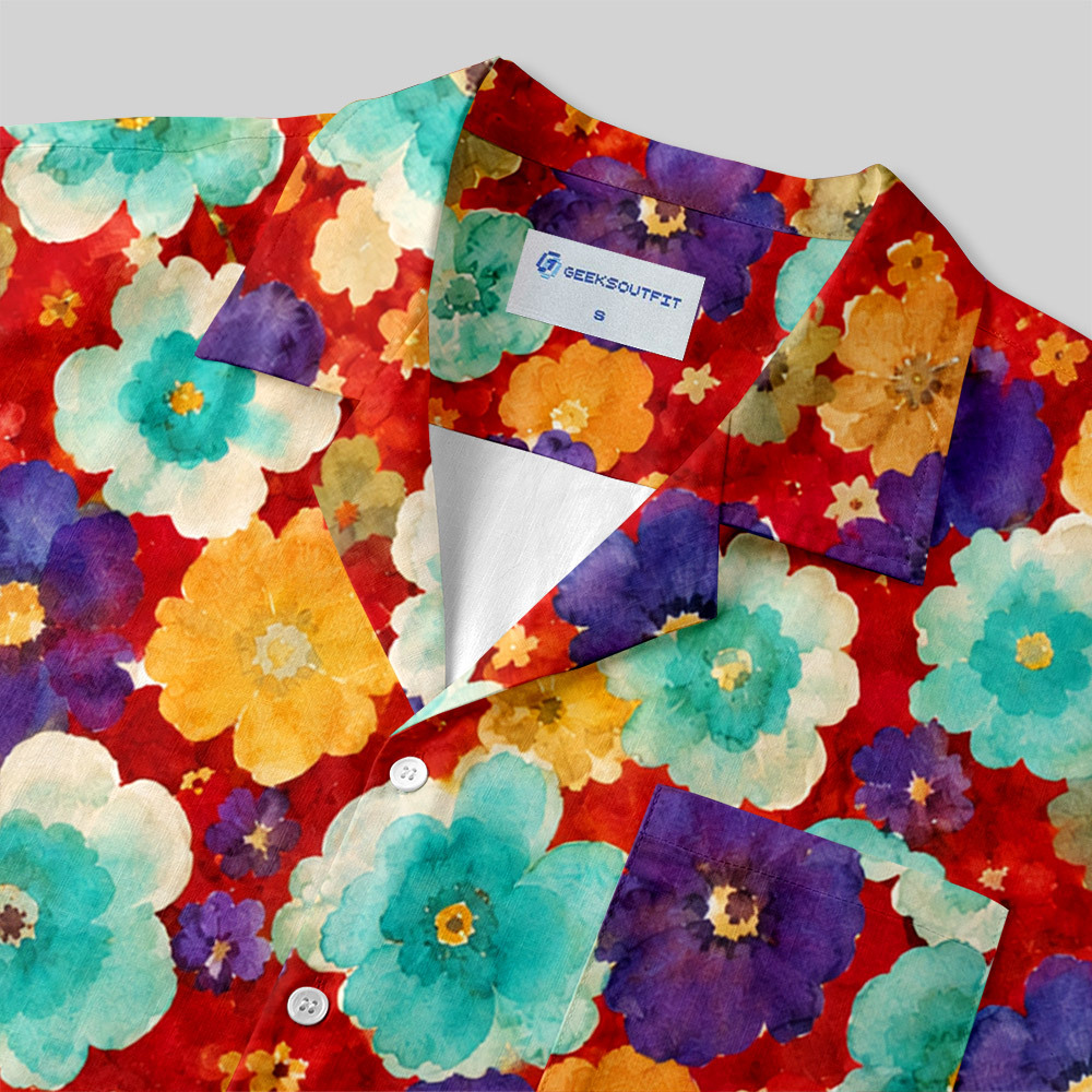 Ponchito Floral Style Short Sleeve Shirt Retro Button Up Pocket Shirt