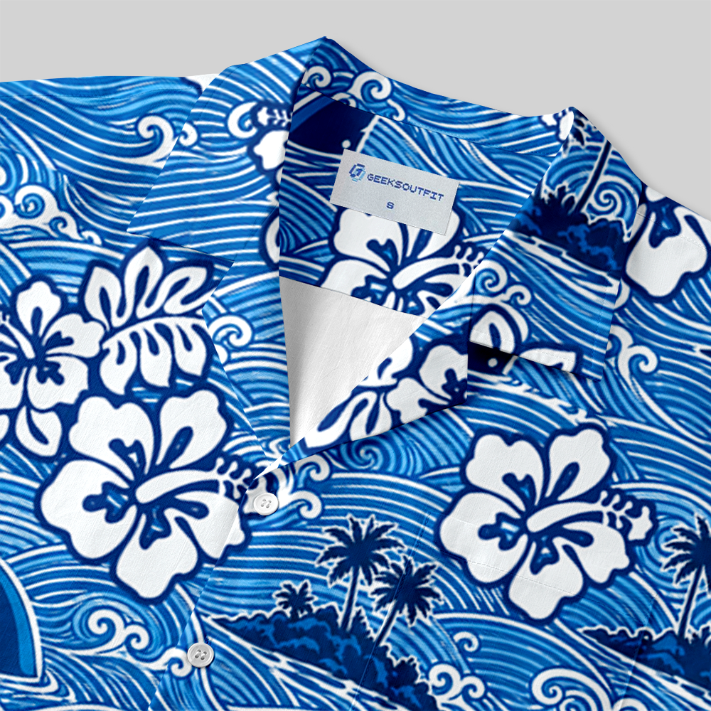 Blue Ocean Wave Hibiscus Tropical Button Up Pocket Shirt