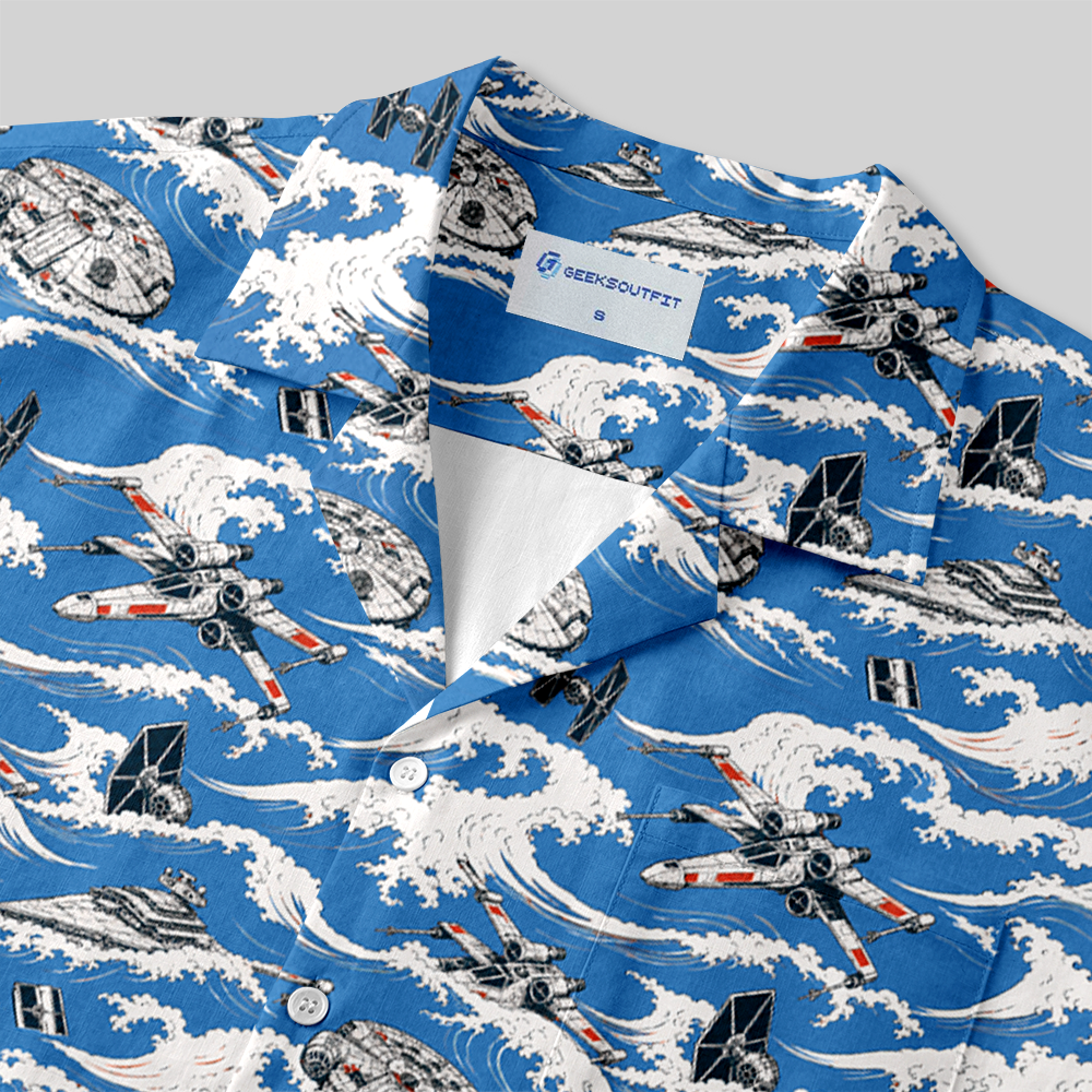 Interstellar Combat Craft Japanese Wave Button Up Pocket Shirt