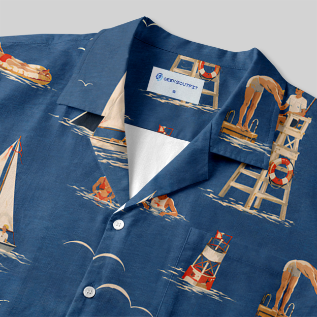 Dark Humor Retro Seaside Hidden Shark Button Up Pocket Shirt