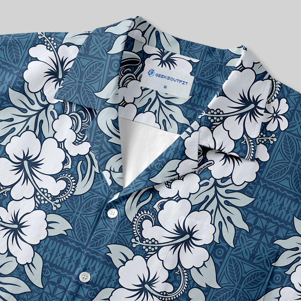 Ocean Blue Sci-Fi Tropical Floral Tribal Print Button Up Pocket Shirt