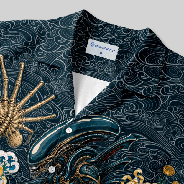 [Copy]Ocean Blue Sci-Fi Tropical Floral Tribal Print Button Up Pocket Shirt