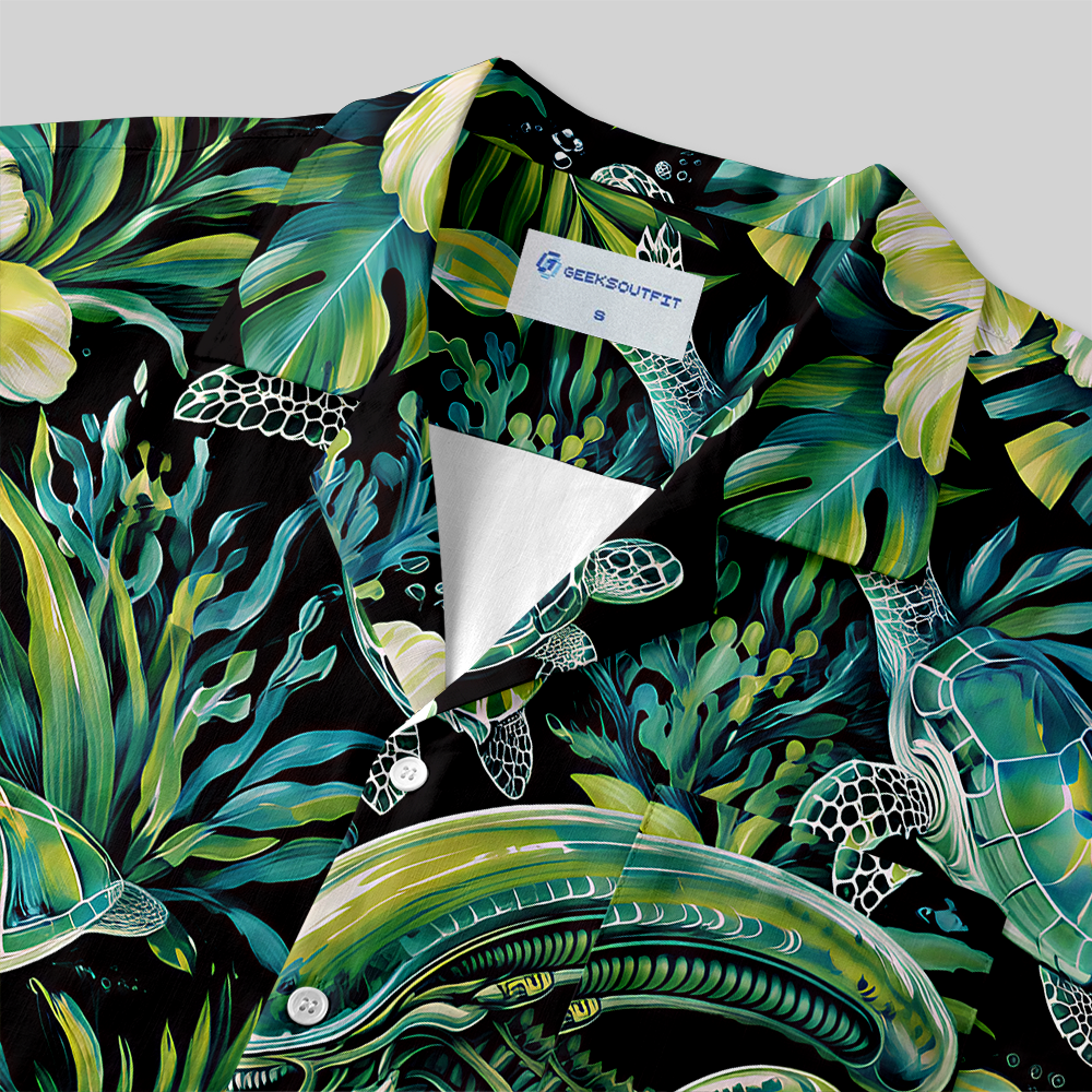 Underwater Jungle Sci-Fi Beast Sea Turtle Floral Button Up Pocket Shirt
