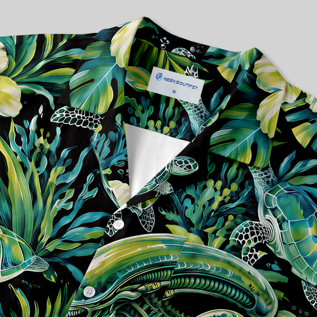 Underwater Jungle Sci-Fi Beast Sea Turtle Floral Button Up Pocket Shirt
