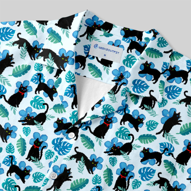 Pixel Cat Hawaii Button Up Pocket Shirt
