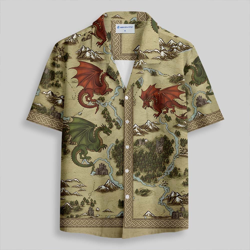 Retro SciFi Dragon Map Button Up Pocket Shirt