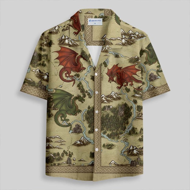 Retro SciFi Dragon Map Button Up Pocket Shirt