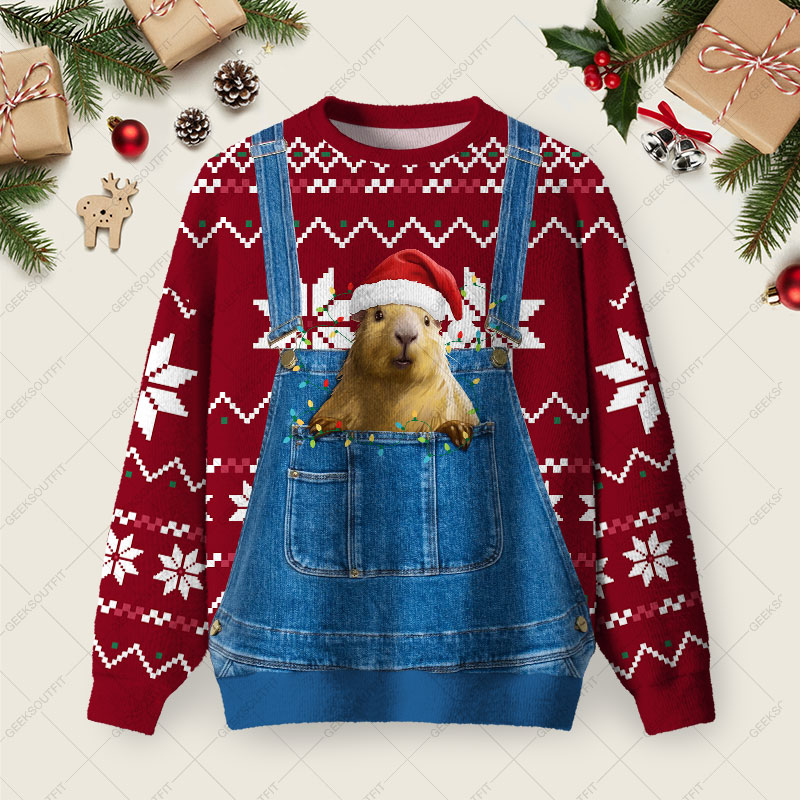 Overalls Groundhog Ugly Christmas Fuzzy Fleece Sweatshirt