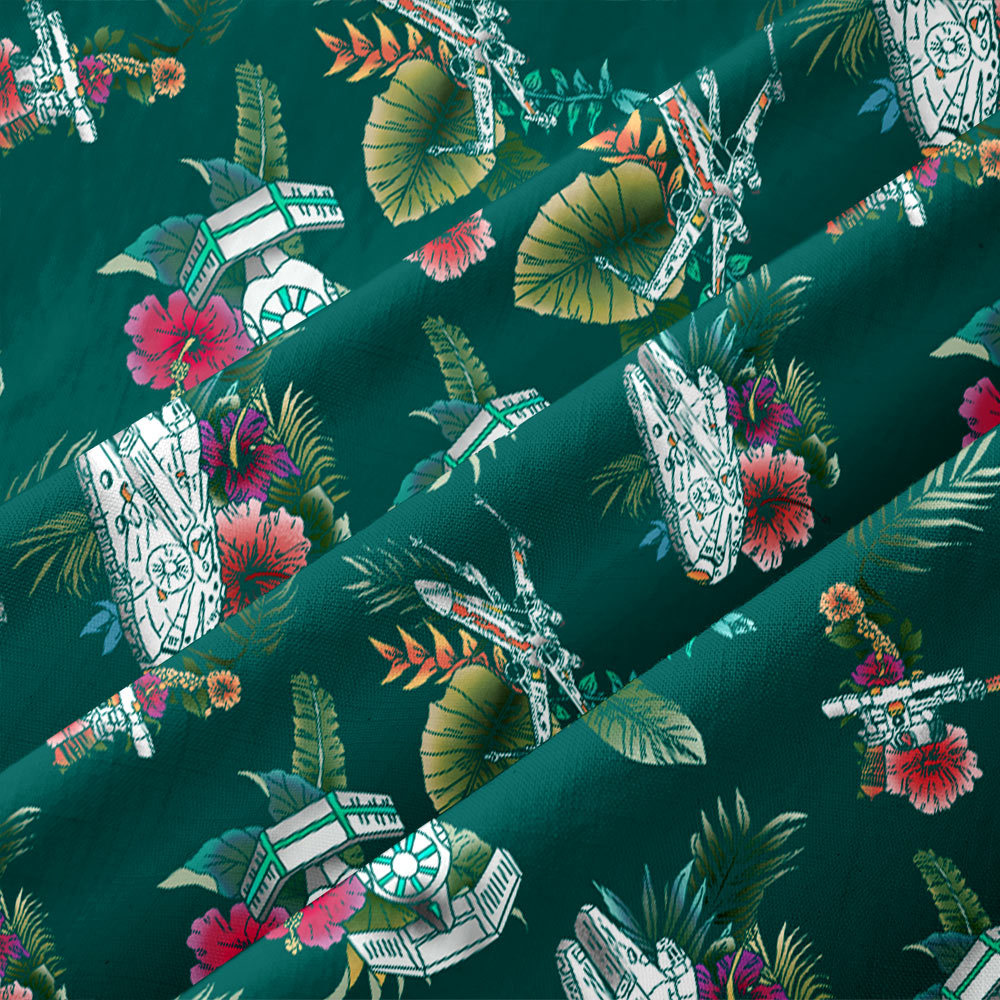 Space Fighter Tropical Flowers Button Up Pocket Shirt